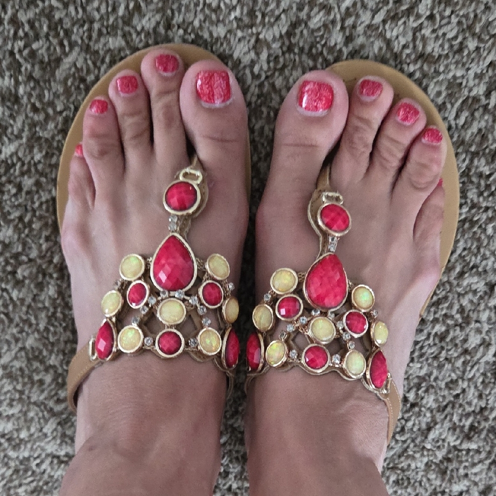 Madeline Stuart Red and Yellow Gem Sandals